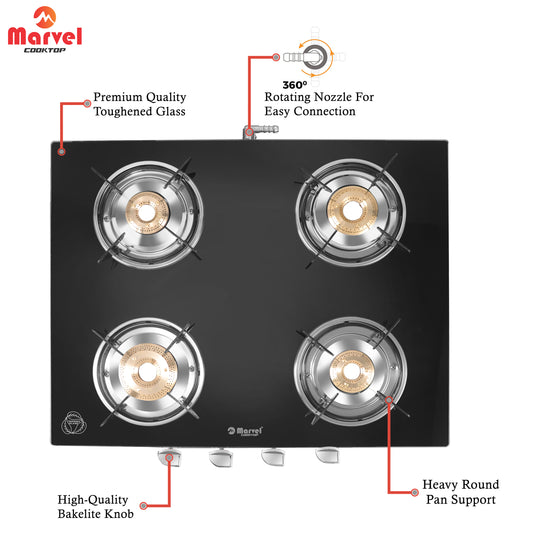Cooktop Marvel – 4 Burner Gas Stove | Crystal Black Glass, SS Frame | Jumbo Brass Burner | Manual Ignition, LPG Compatible (PHASTOS SS – 4403)