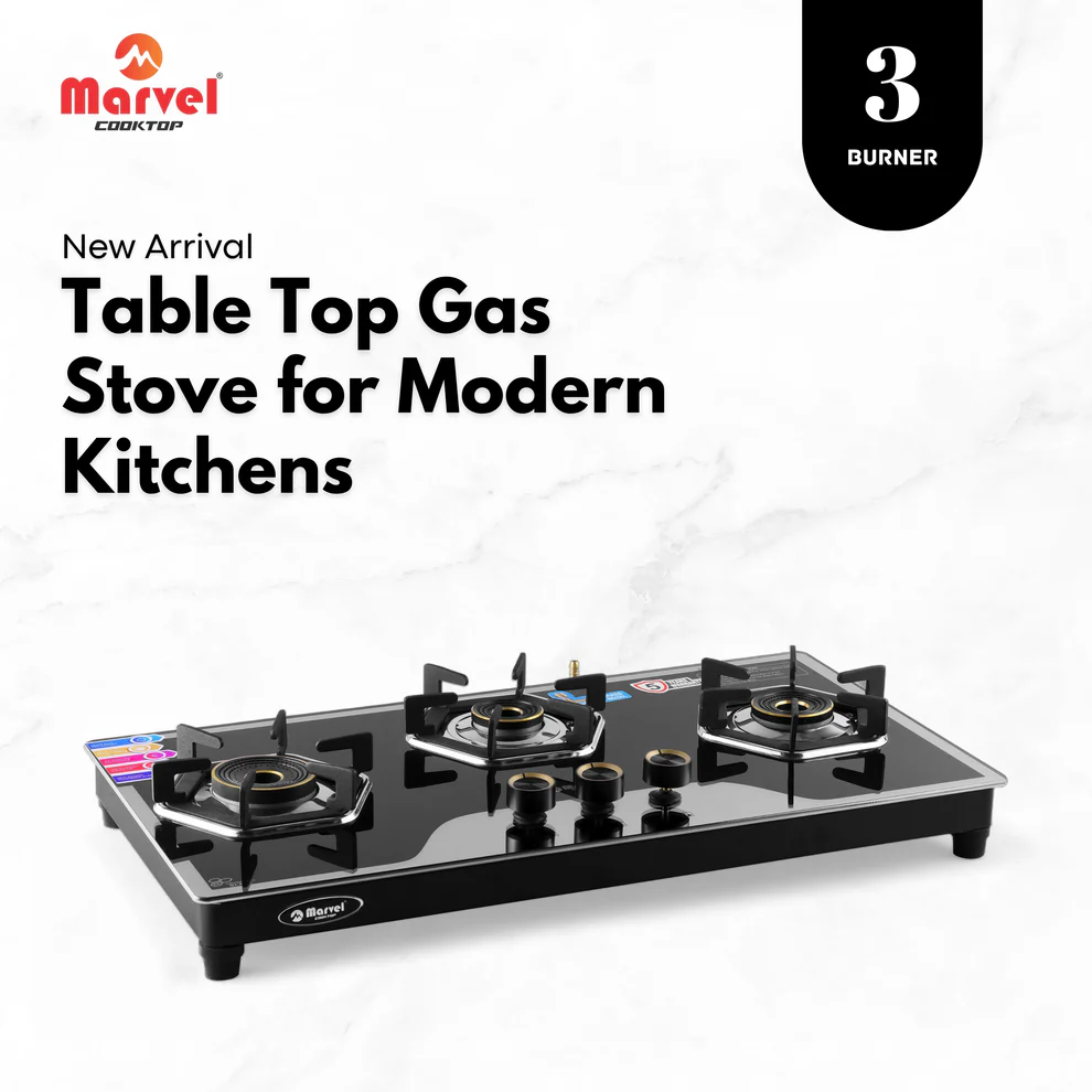 03 Cooktop Marvel – 3 Burner Hob Top Glass Gas Stove | Elite Mirror Glass, Hexa Pan Support | Brass Burner, Manual Ignition, LPG Compatible (OMEGA – 3702) - Image 1