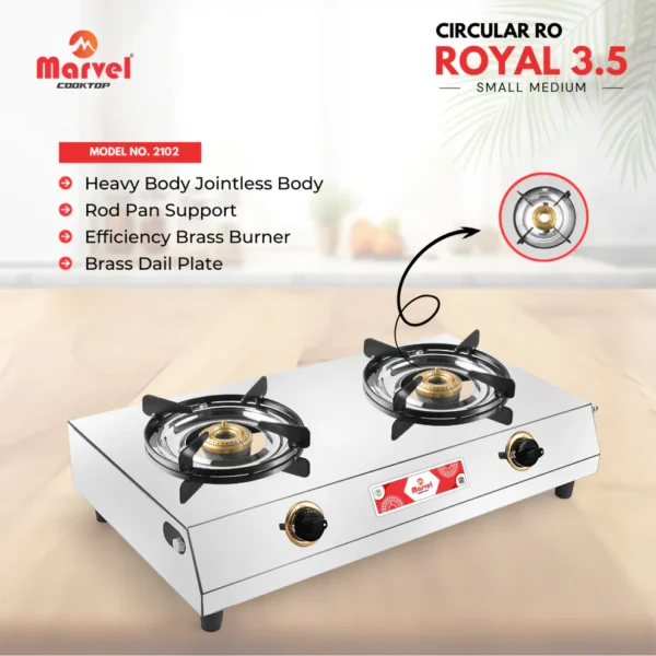Cooktop Marvel - 2 Burner Royal Stainless Steel Gas Stove, Jointless Body, Rod Pan Support, Brass Dial Plate, Brass Top (CIRCULAR RO - 2102)