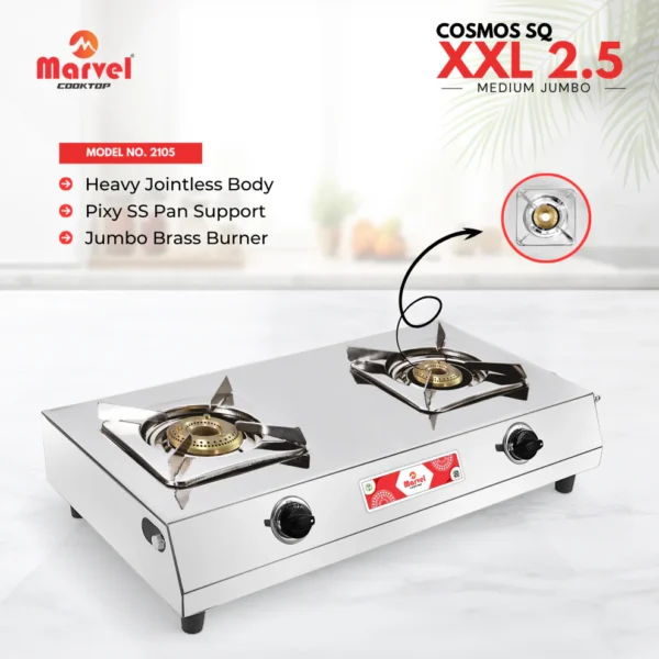 Cooktop Marvel - 2 Burner XXL Pixy Stainless Steel Gas Stove, Jointless Body, SS Square Pan Support, Jumbo Brass Top (COSMOS SQ - 2105)
