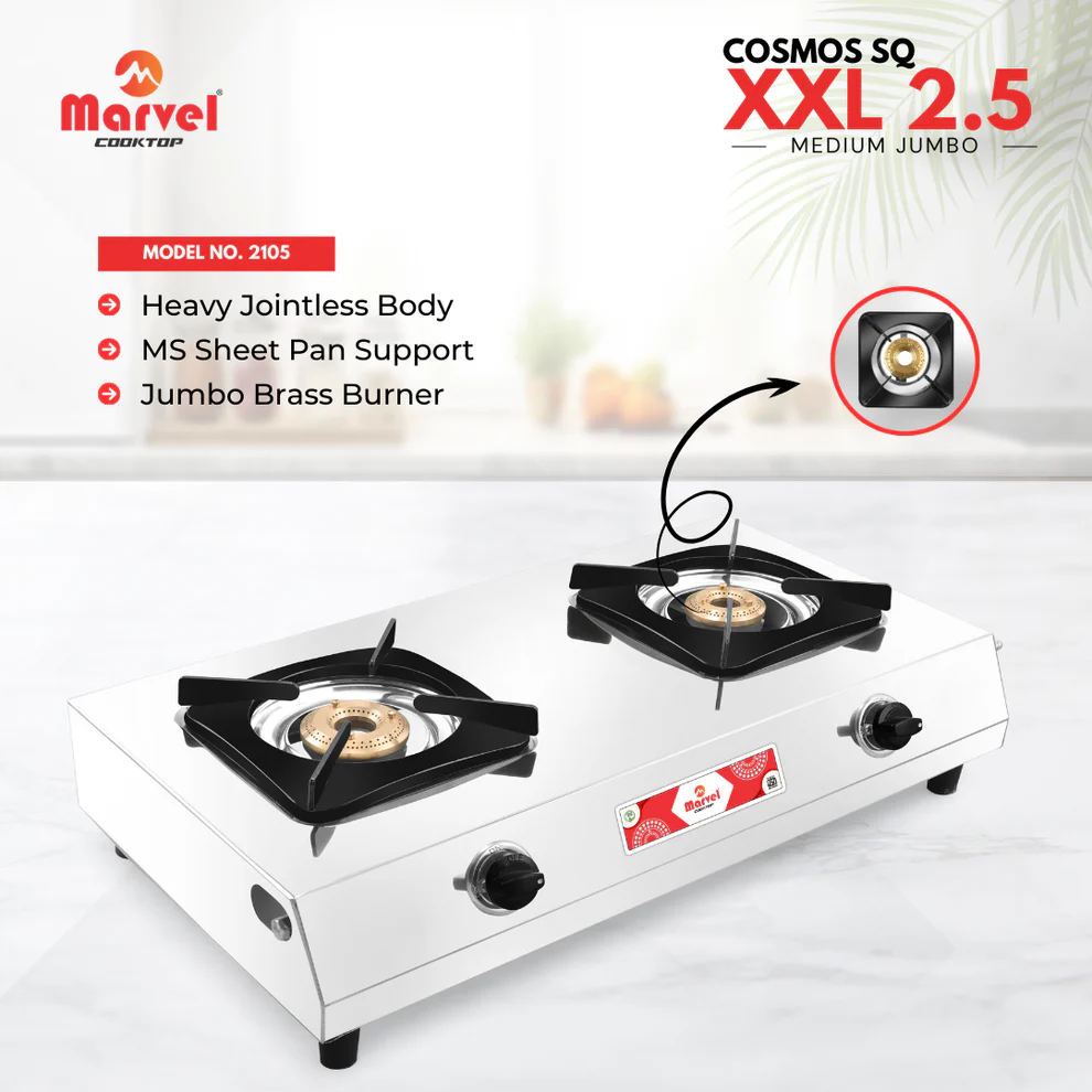 2105SHEET Cooktop Marvel - 2 Burner XXL Stainless Steel Gas Stove, Jointless Body, Square Sheet Pan Support, Jumbo Brass Top (COSMOS SQ - 2105) - Image 1