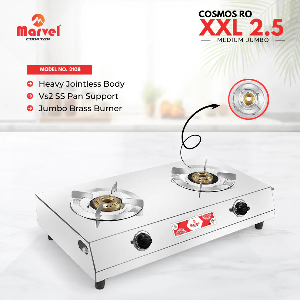 2108VS2 Cooktop Marvel - 2 Burner XXL VS2 Stainless Steel Gas Stove, Jointless Body, SS Round Pan Support, Jumbo Brass Top (COSMOS RO - 2108) - Image 1