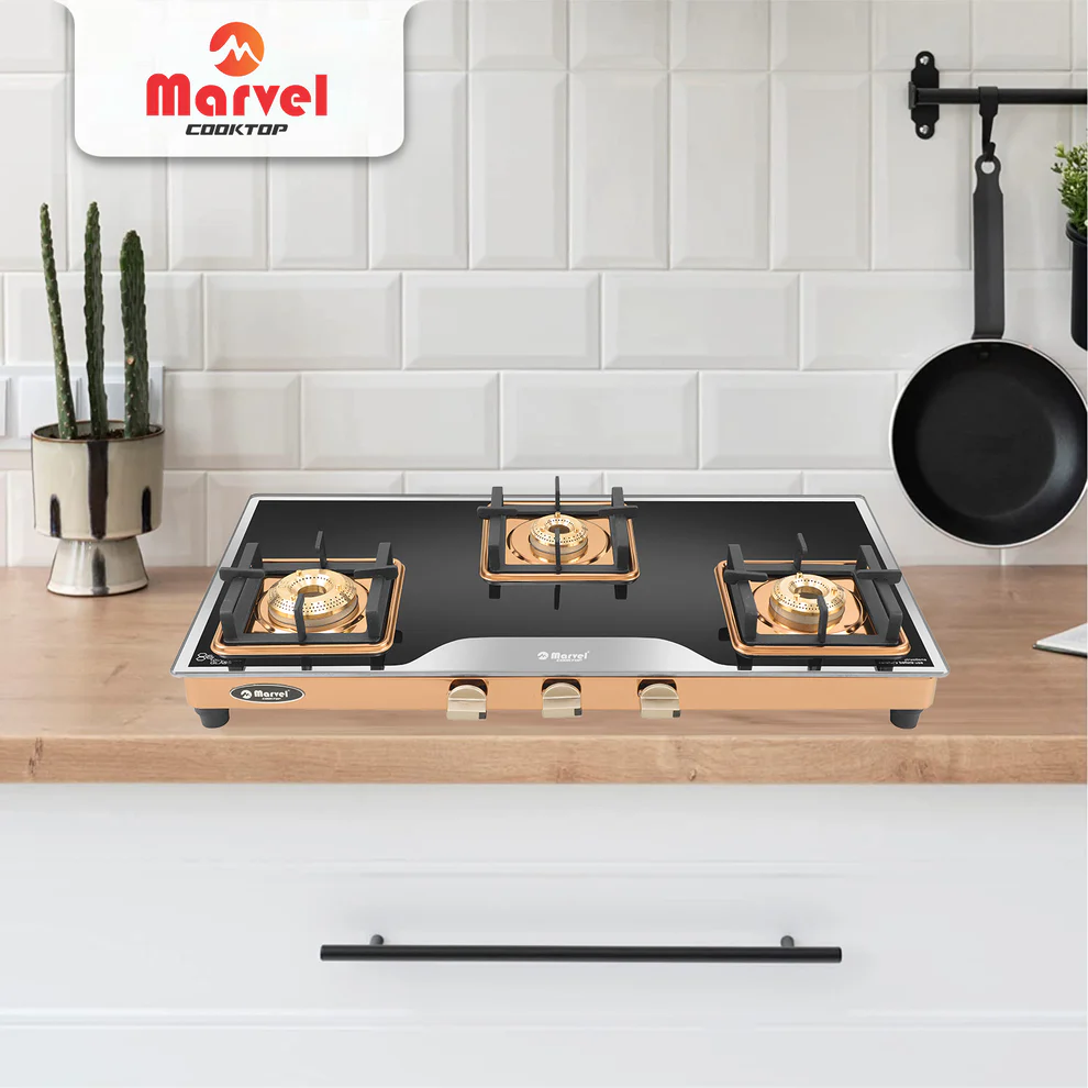 KITCHE_1 Cooktop Marvel – 3 Burner Premium LPG Gas Stove | Elite Mirror Glass, Rose Gold SS Mirror Frame, Square Pan Support | Brass Top (BEAST – 3503) - Image 1