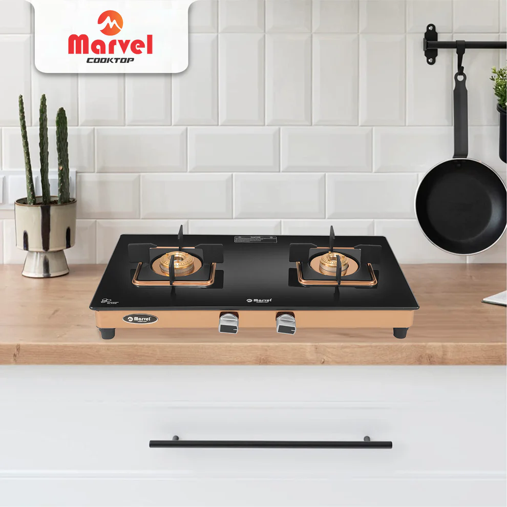 KITCHE_1_3980f117-9260-43f0-82b9-b970efbca8ba (1) Cooktop Marvel – 2 Burner Crystal Black Glass Gas Stove with Rose Gold SS Mirror Finish Frame, Square Pan Support, Brass Top (DOOM - 2502) - Image 1